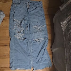 American Eagle Outfitters Light Blue Denim Curvy Super High Rise Baggy Wide Leg